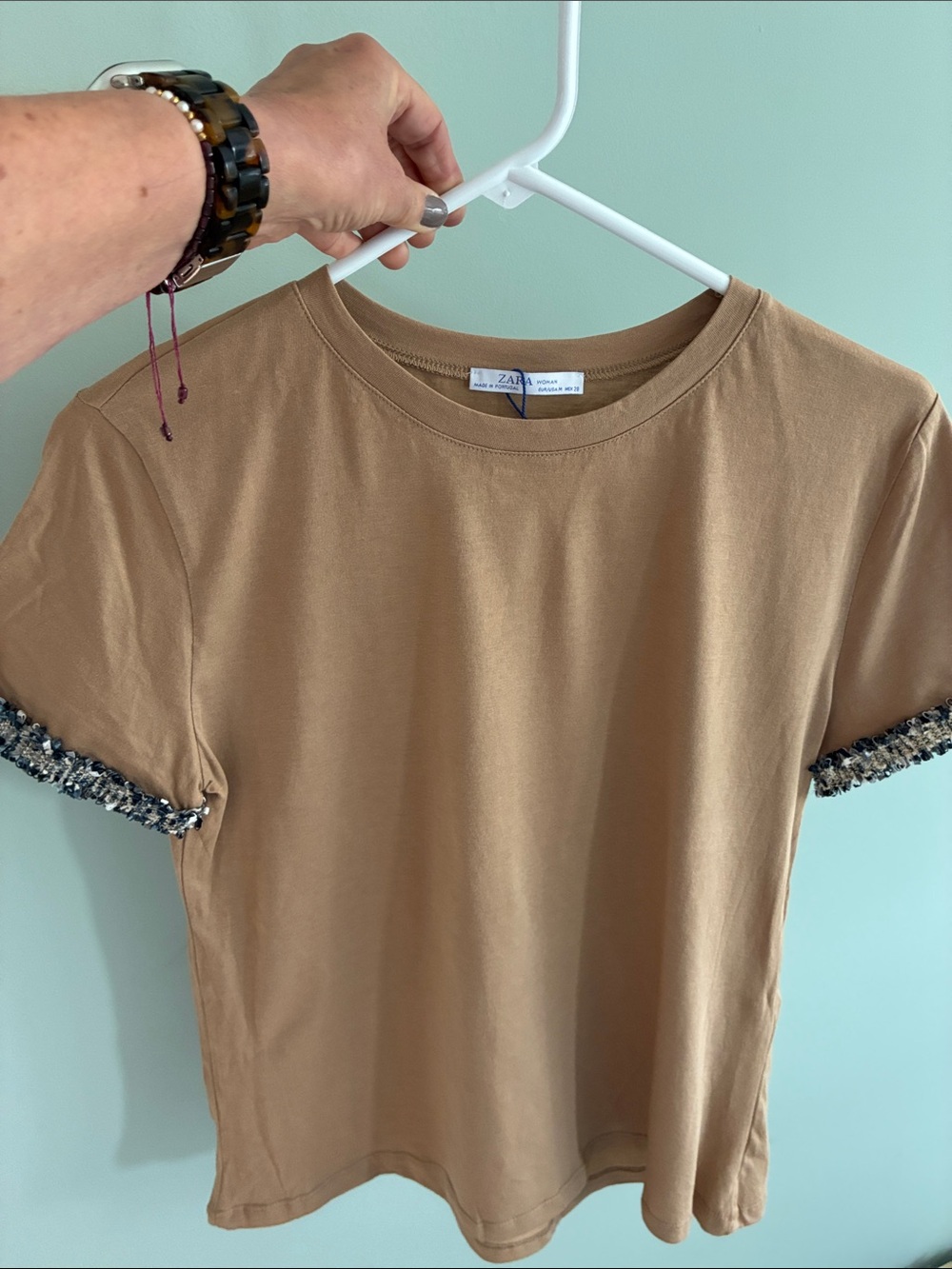Zara Tan Short Sleeve Tee with Tweed Sleeve Trim